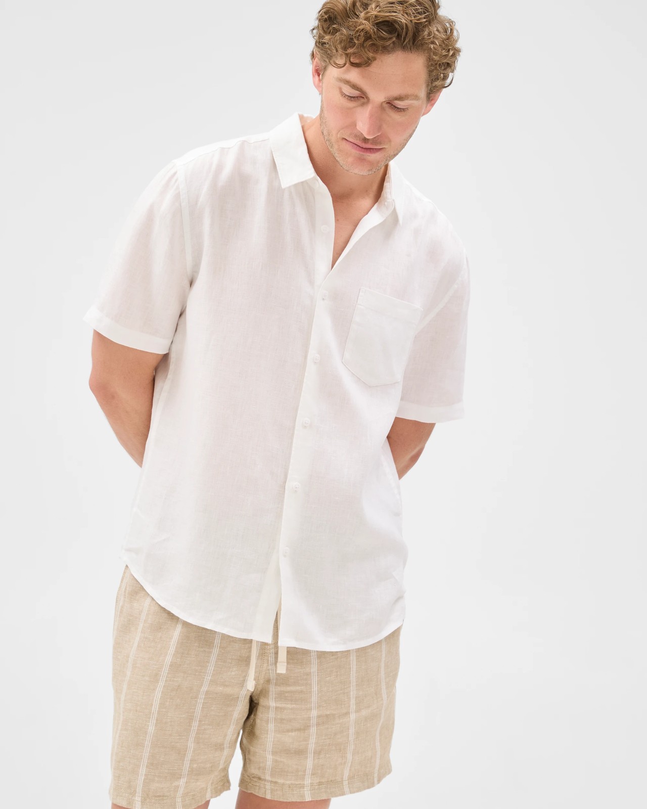 European Linen Elastic Waist Striped Shorts - Stone 3 of 6