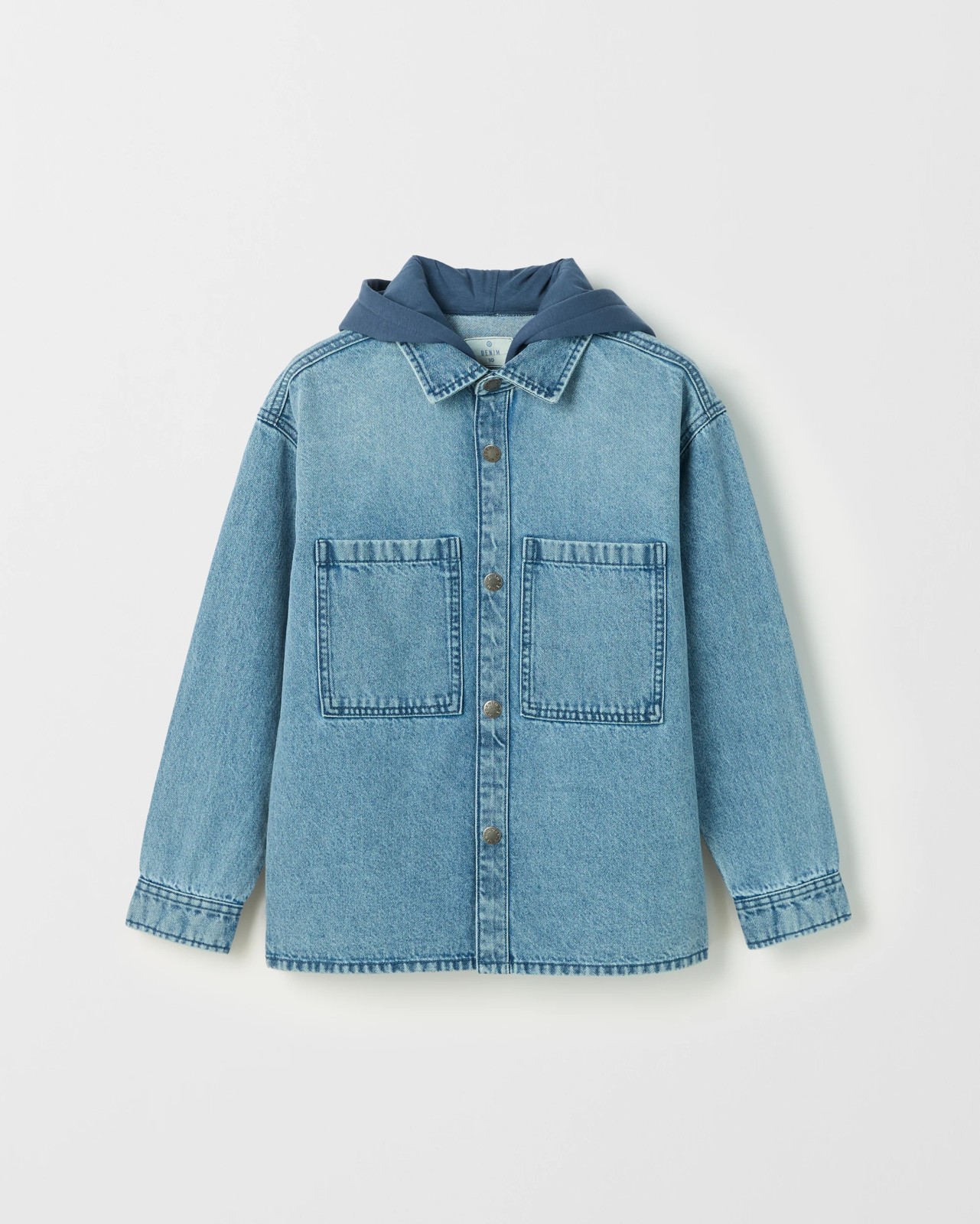 Long Sleeve Hooded Denim Shirt - Mid Blue Wash 5 of 6