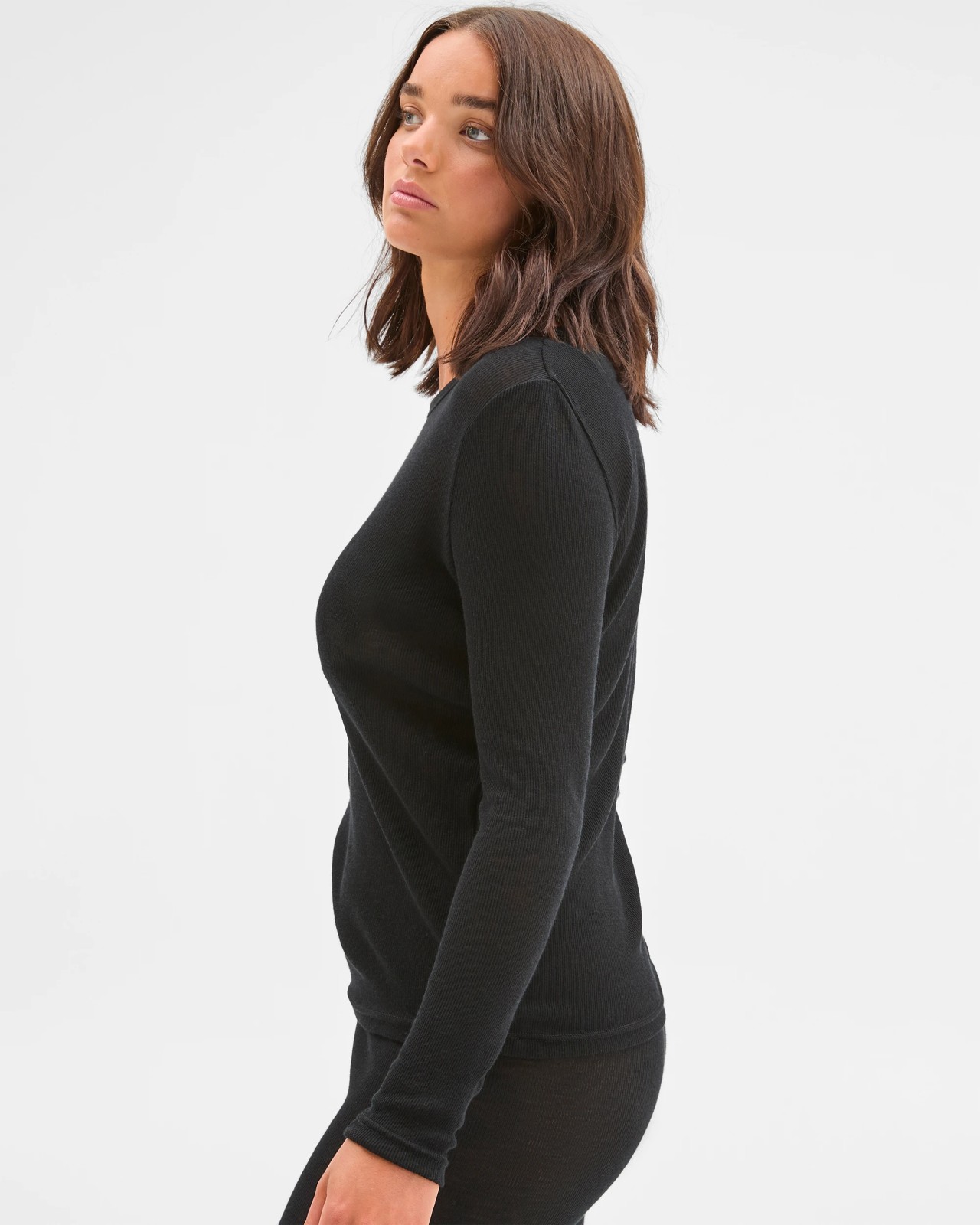 Merino Wool Blend Long Sleeve Thermal Top - Black 3 of 5