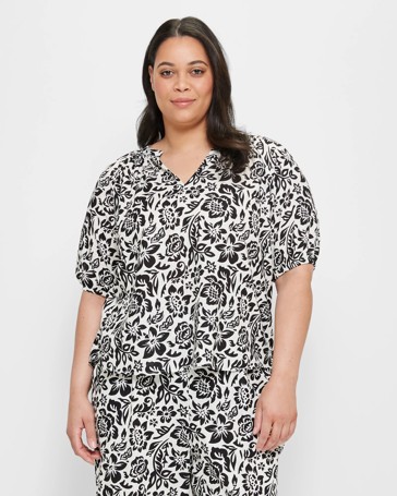 Curve Linen Blend Puff Sleeve Blouse