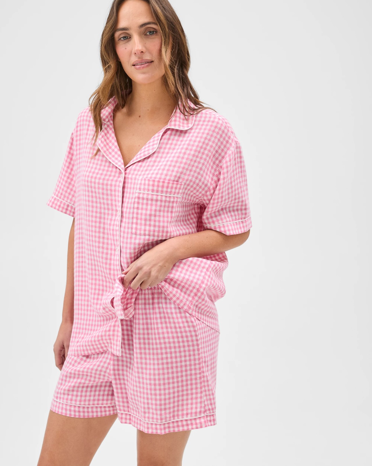 Linen Blend Short Pyjama Set - Pink Gingham 2 of 5