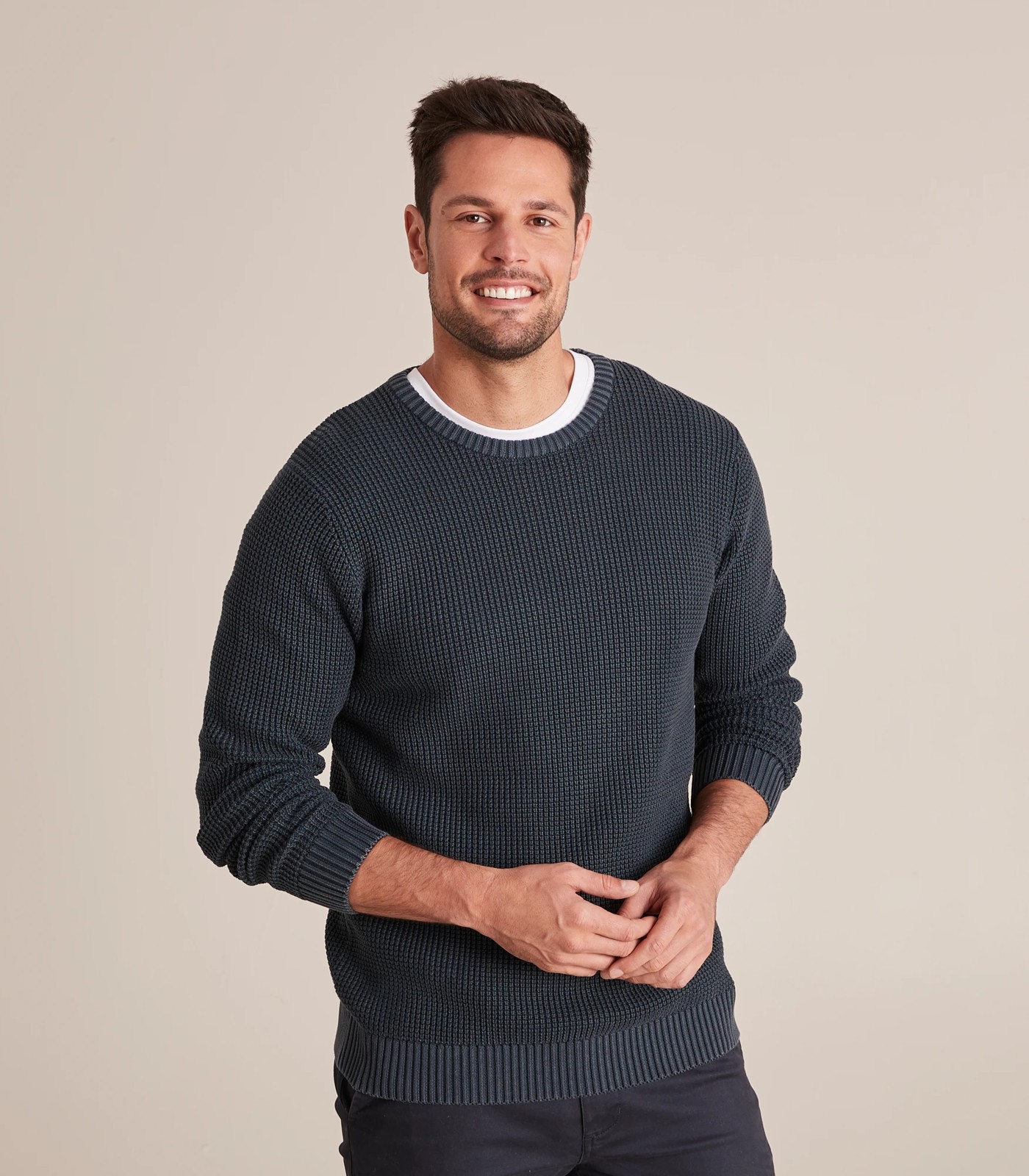 Blue Waffle Knit Round Neck Sweater