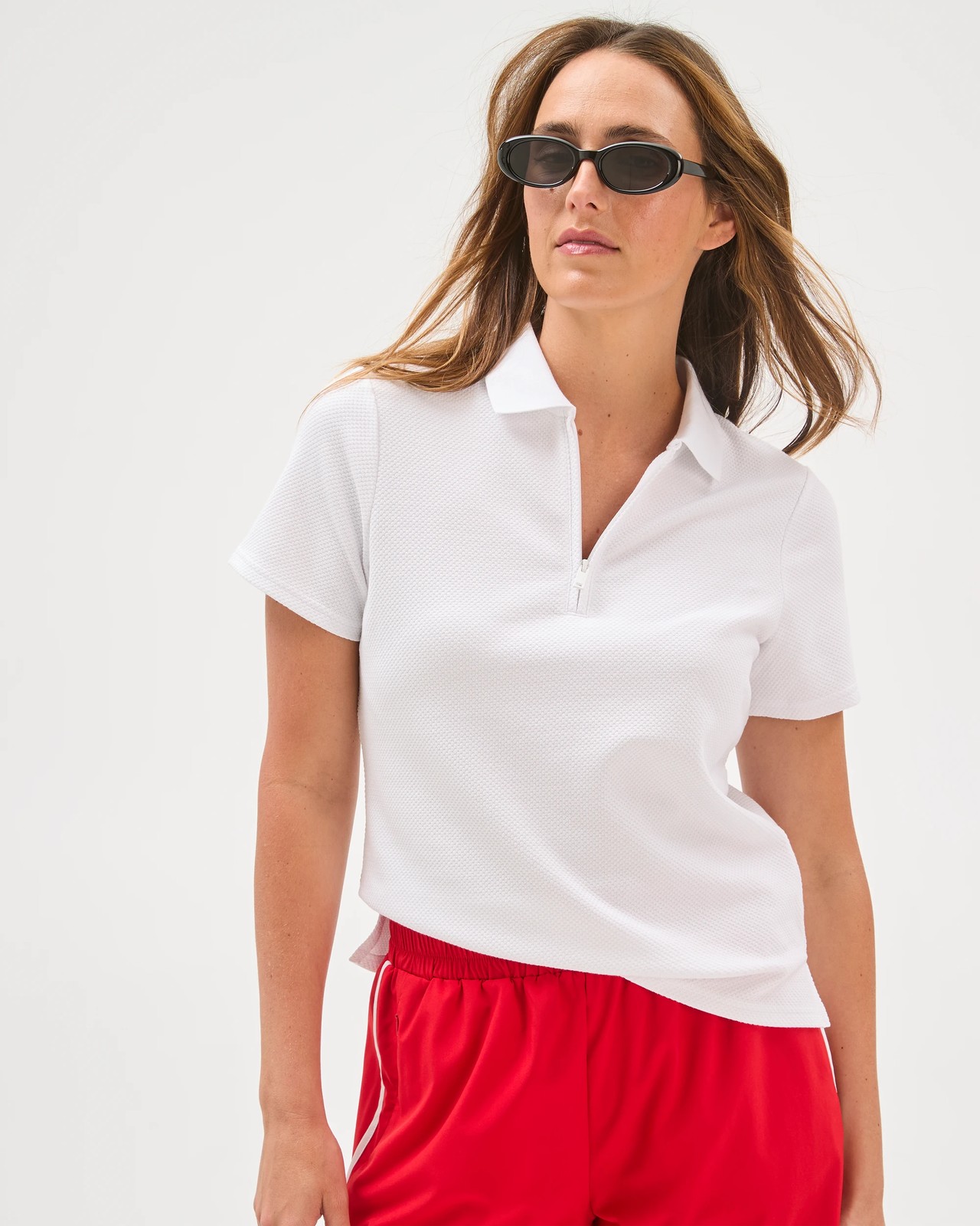 Active Australian Cotton Blend Textured 1/4 Zip Polo Top - White 6 of 6