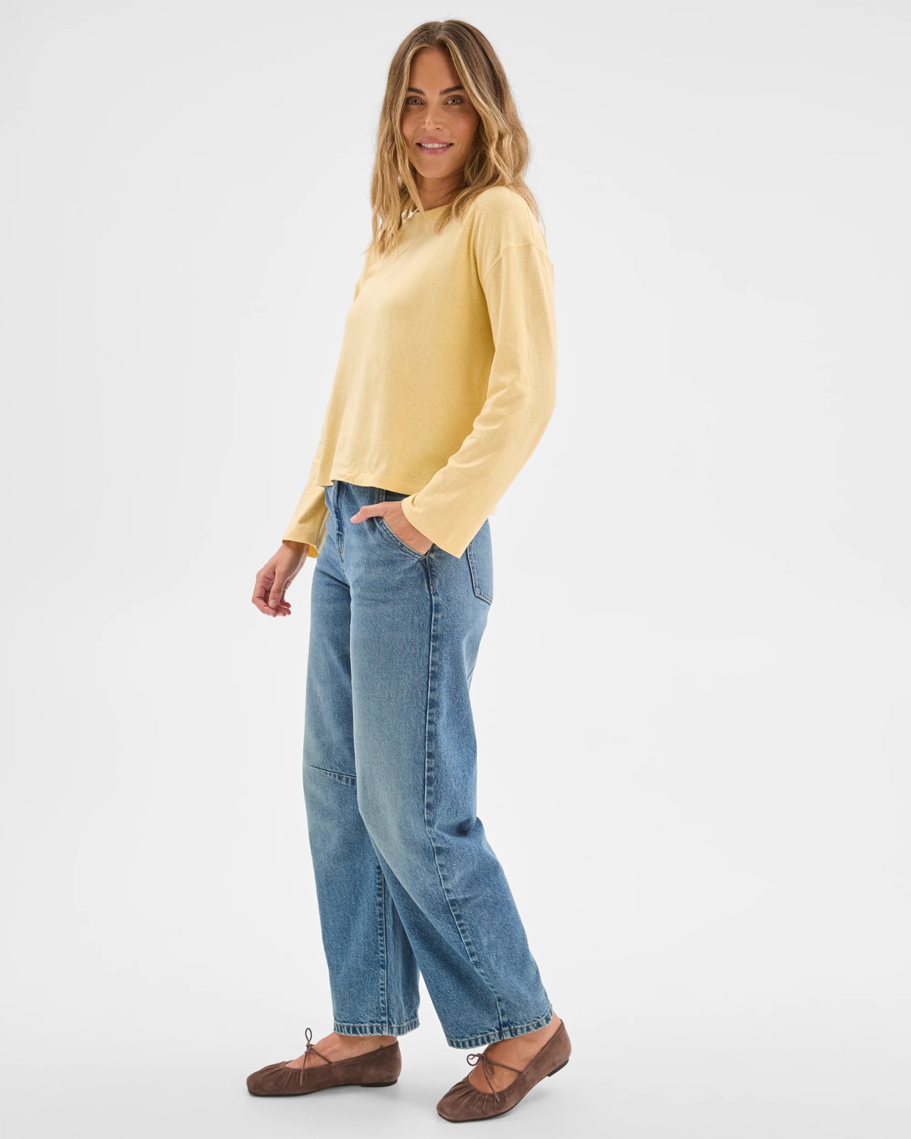 Australian Cotton Long Sleeve Relaxed Slub T-Shirt - Butter Lemon 4 of 6