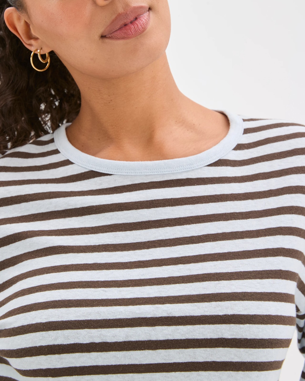 Australian Cotton Long Sleeve Relaxed Slub T-Shirt - Sky Blue/Coffee Bean Stripe 4 of 6