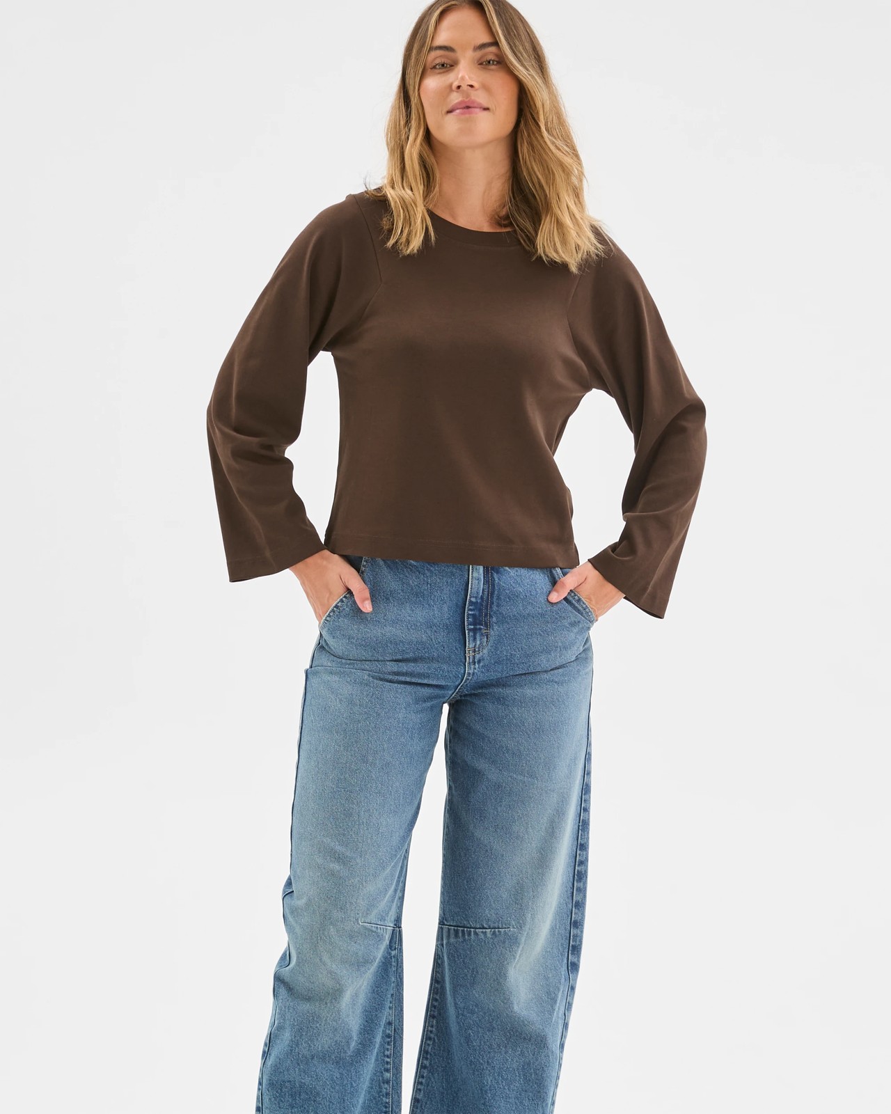 Australian Cotton Long Sleeve Spliced Top - Coffee Bean 2 of 6