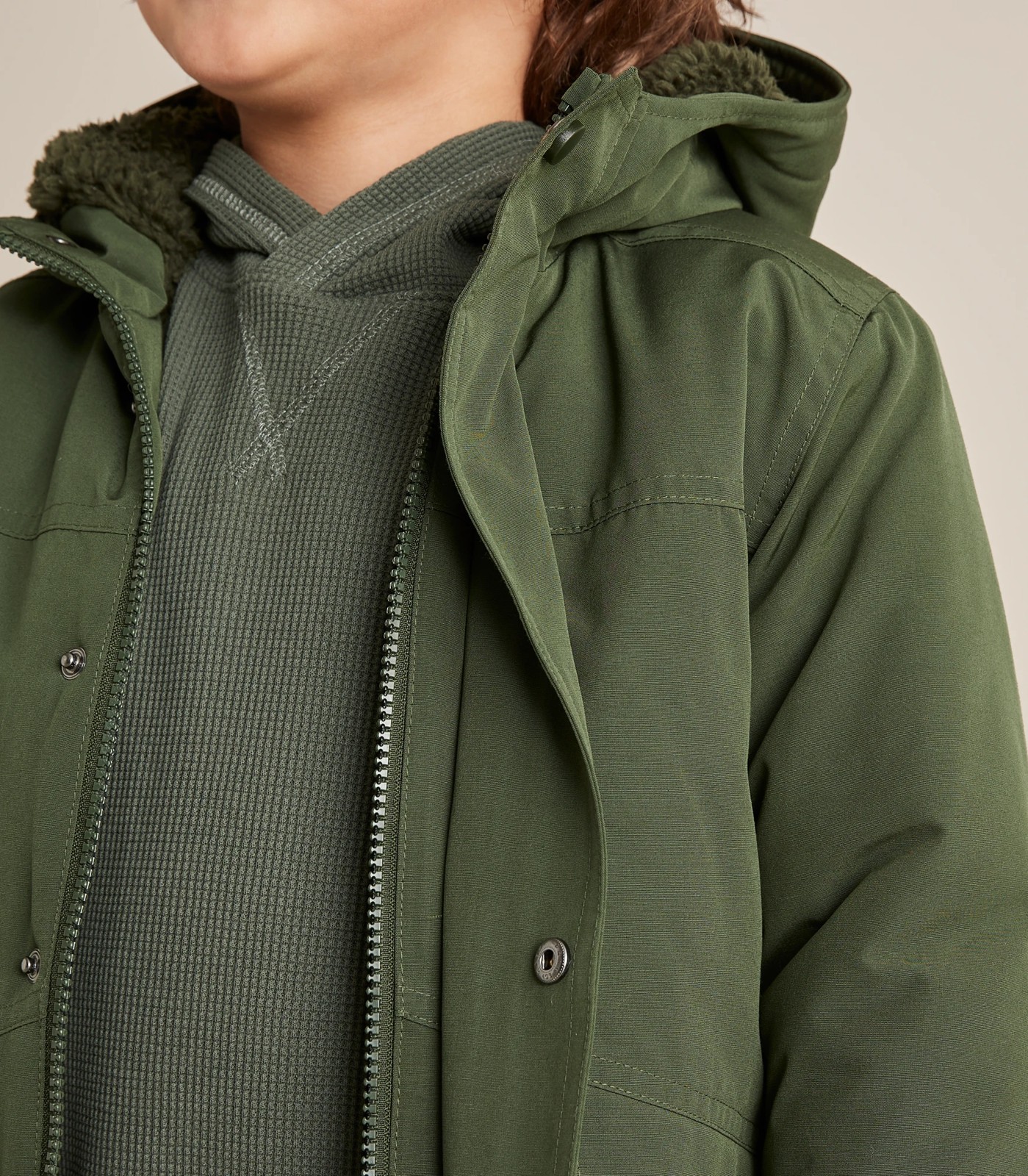 Green jacket with hot sale grey hood