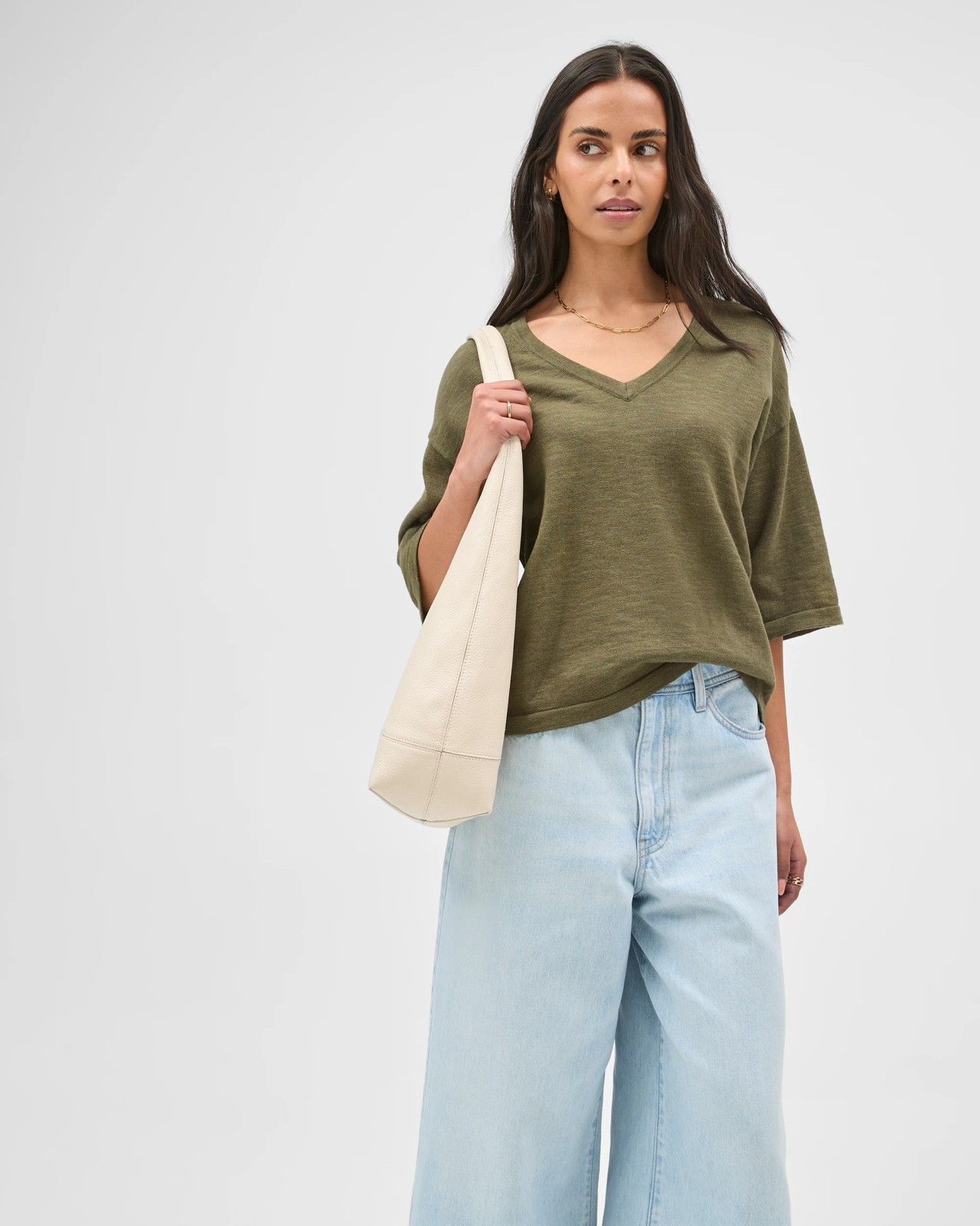 Australian Cotton Blend Boxy V-Neck Knitted T-Shirt - Deep Moss 3 of 6