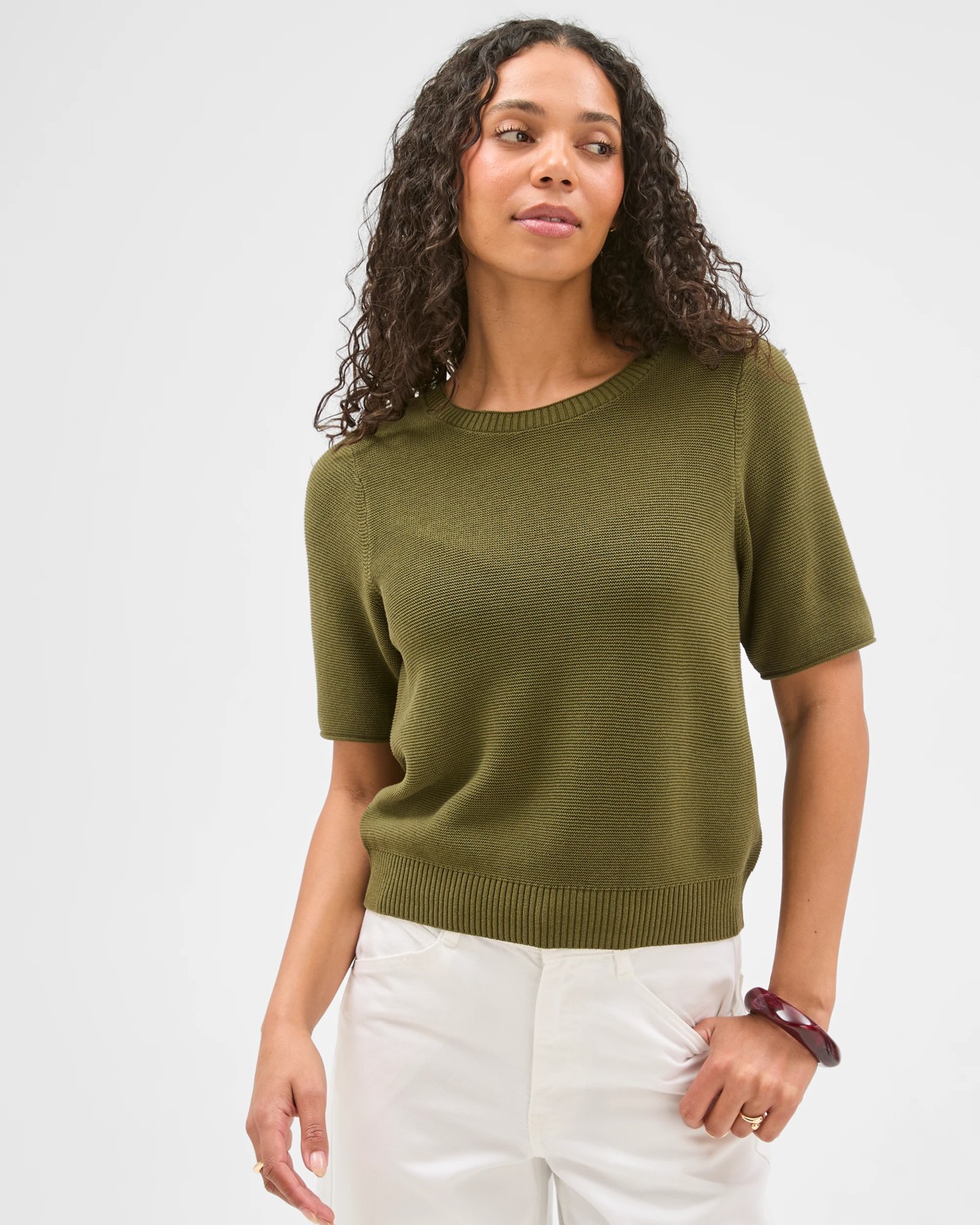 Australian Cotton Blend Relaxed Fit Ottoman Stitch Knitted T-Shirt - Deep Moss 2 of 6