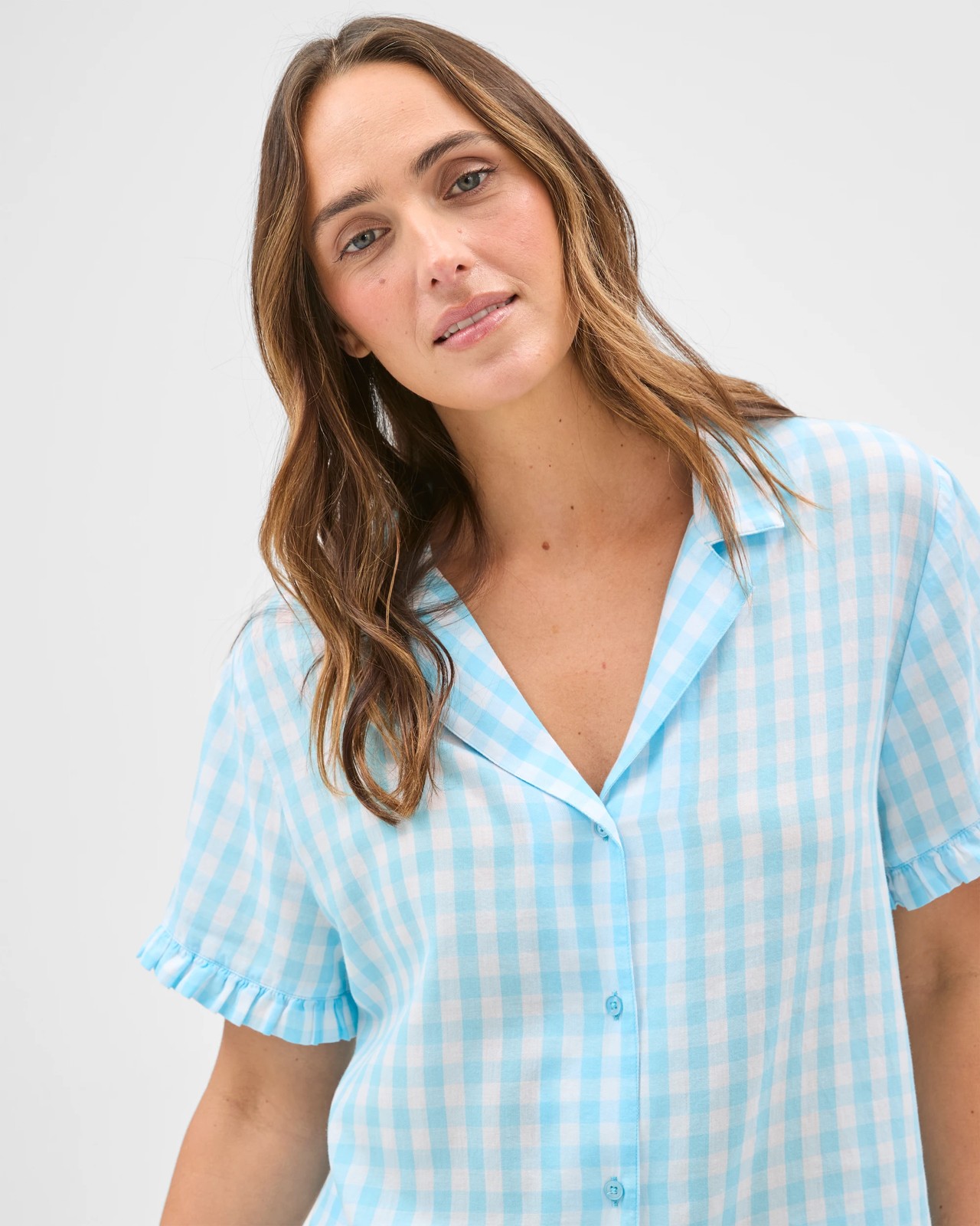 Cotton Voile Frill Top & Shorts Pyjama Set - Aqua Check 3 of 5