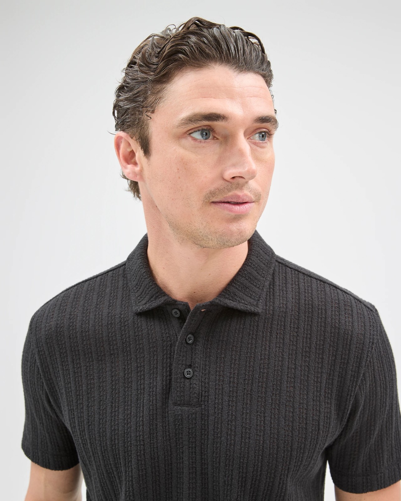 Australian Cotton Blend Pointelle Polo Top - Black 3 of 5