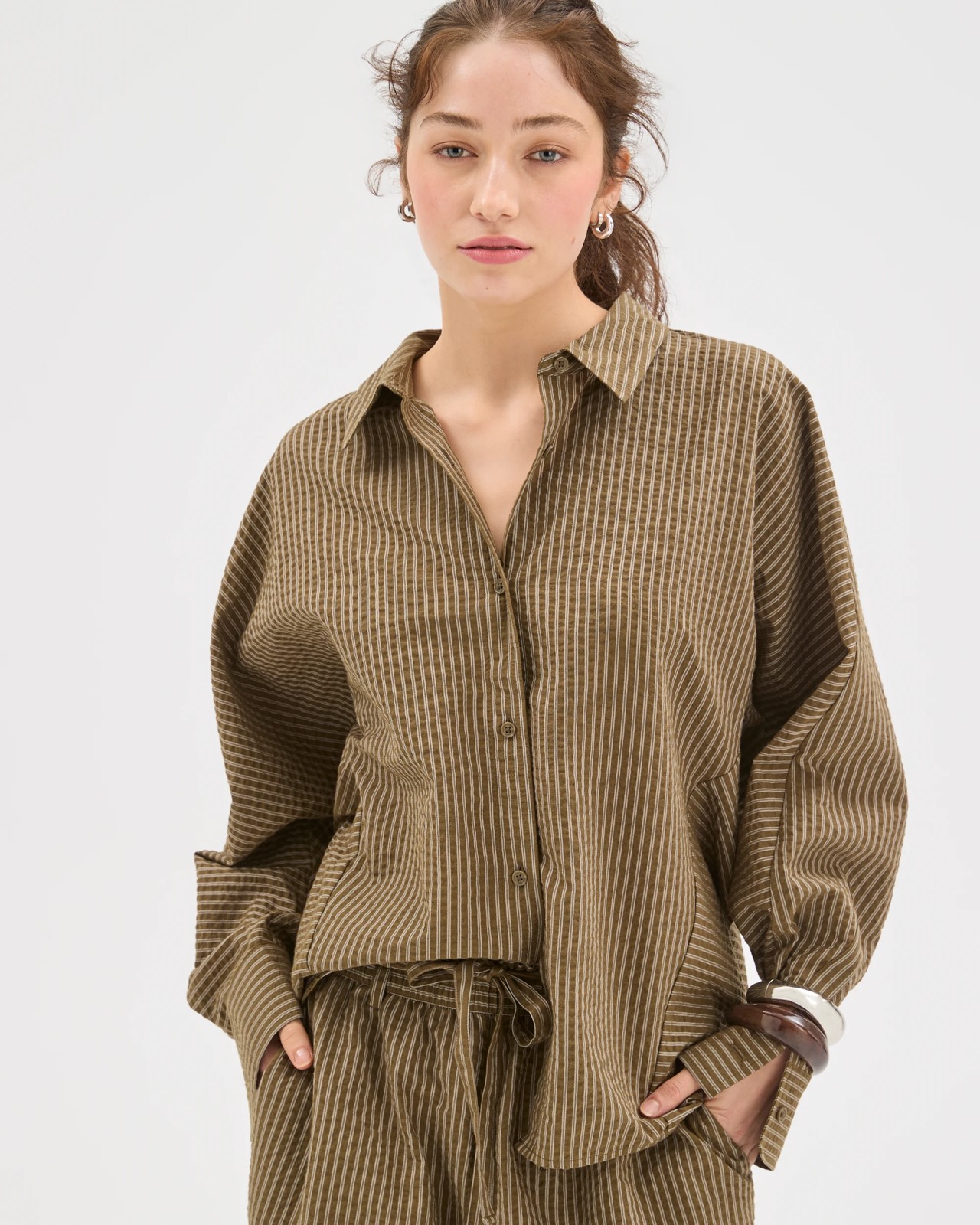 Lily Loves Australian Cotton Blend Oversized Shirt - Deep Moss Stripe 4 of 6