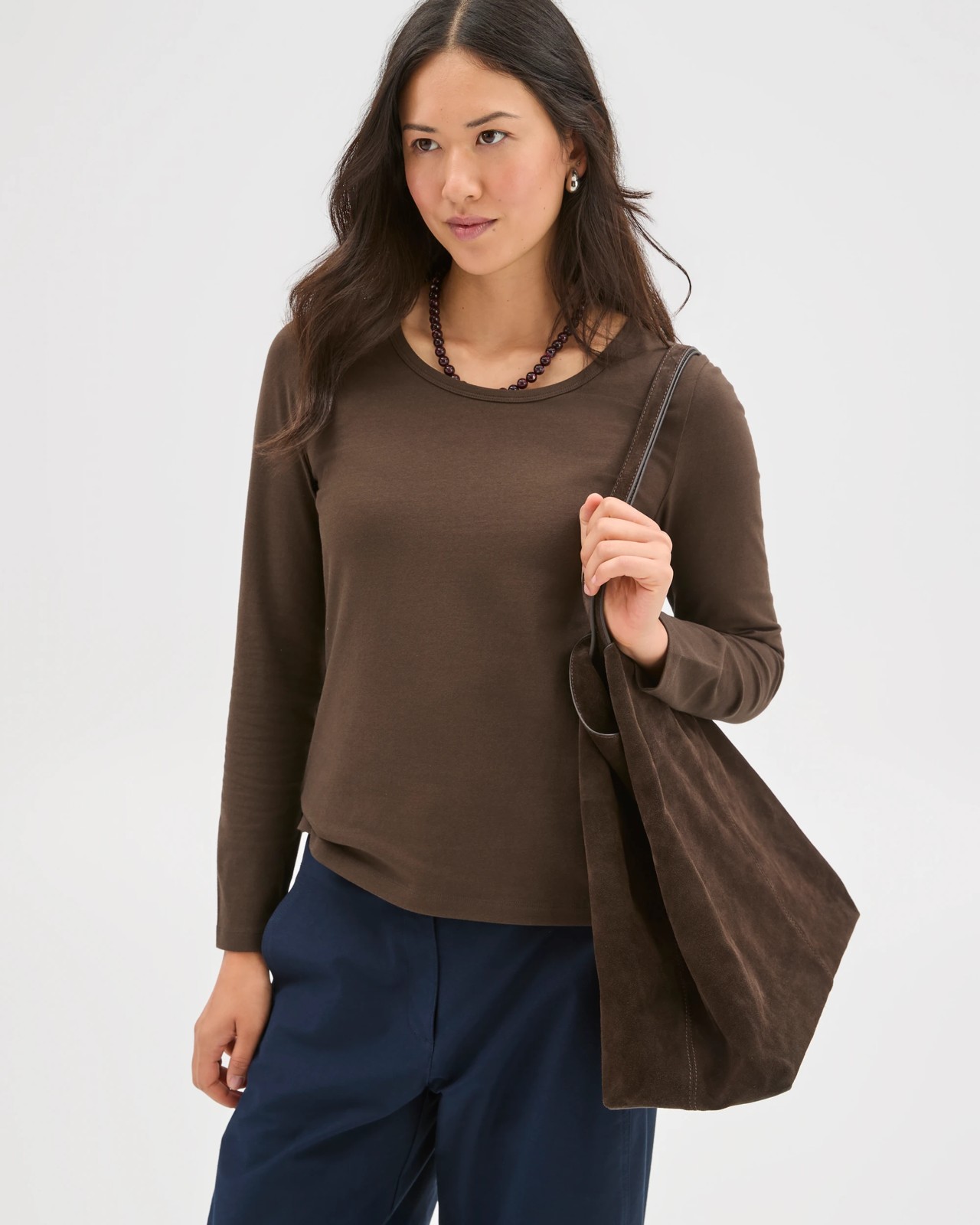 Australian Cotton Long Sleeve Stretch Crew T-Shirt - Coffee Bean 3 of 5