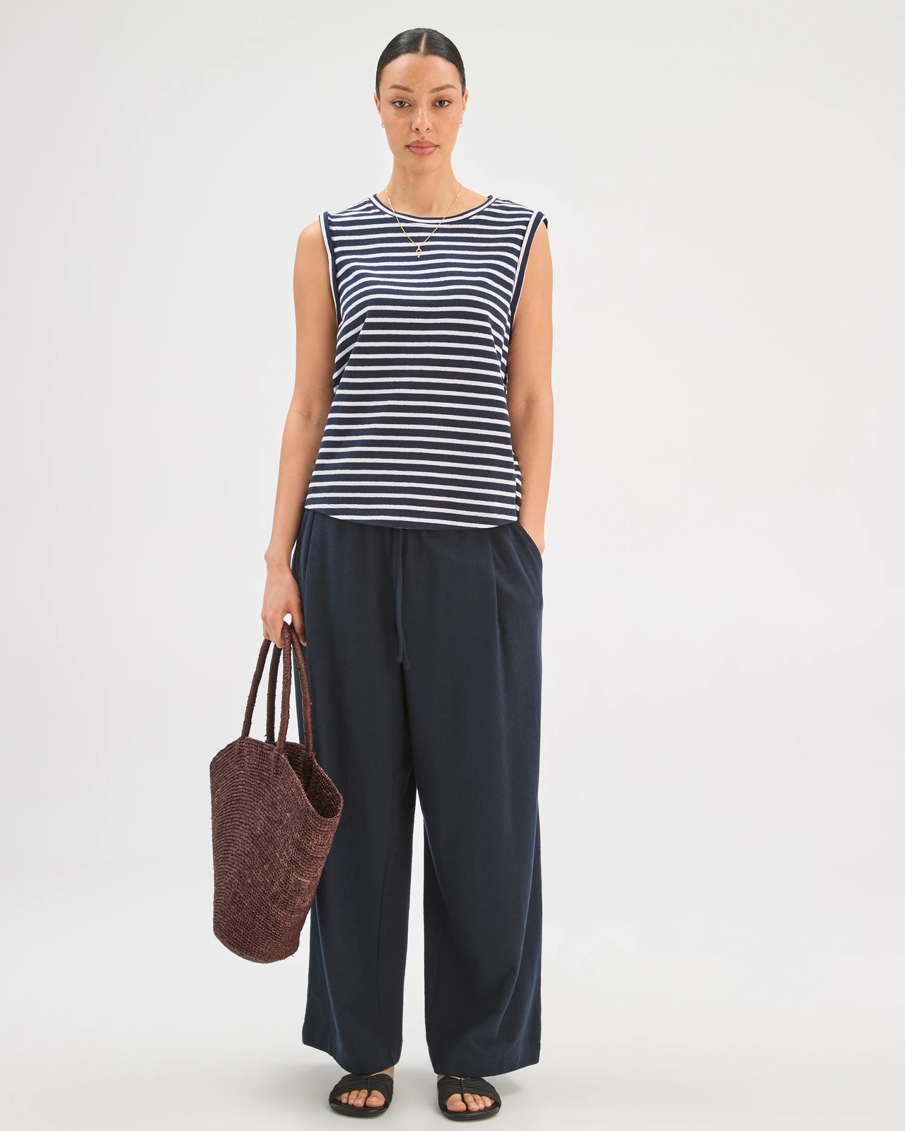 Australian Cotton Textured Tank Top - Ink Navy White Stripe 2 of 5