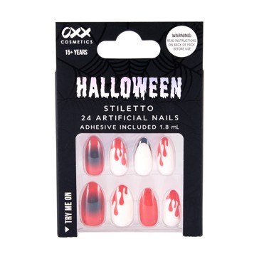 Halloween 24 Pack Artificial Nails with Adhesive, Stiletto Shape, Blood - OXX Cosmetics