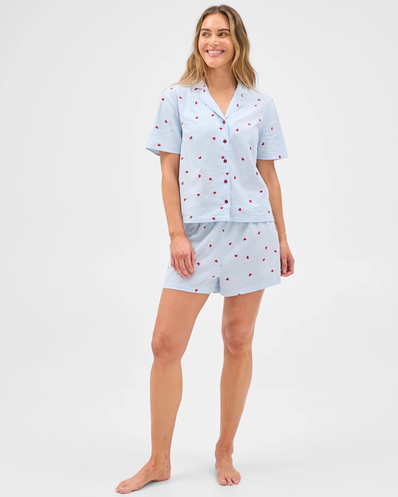 Cotton Seersucker Top & Shorts Pyjama Set - Blue Heart 2 of 5