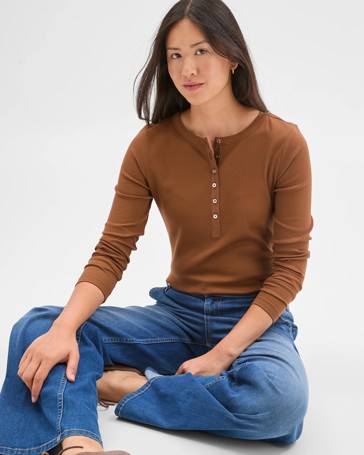 Australian Cotton Long Sleeve Rib Henley T-Shirt