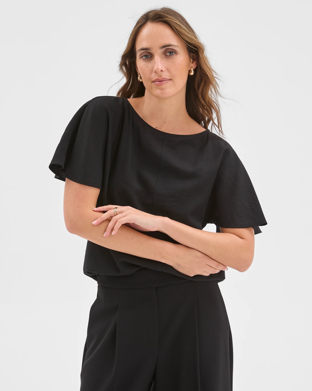 Preview Short Flutter Sleeve Textured Blouse - Black 2 of 6