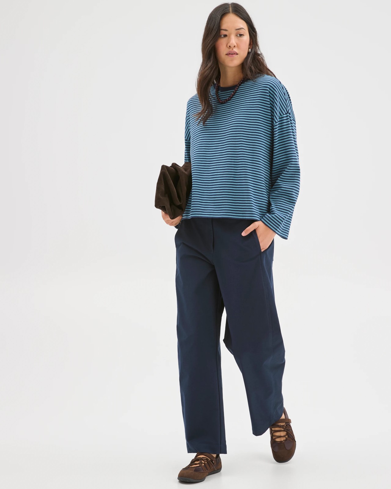 Australian Cotton Long Sleeve Heavyweight Oversized T-Shirt - Ink Navy/Dusty Blue Stripe 3 of 6