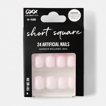 24 Pack Artificial Nails with Adhesive, Short Square Shape, Pink - OXX Cosmetics