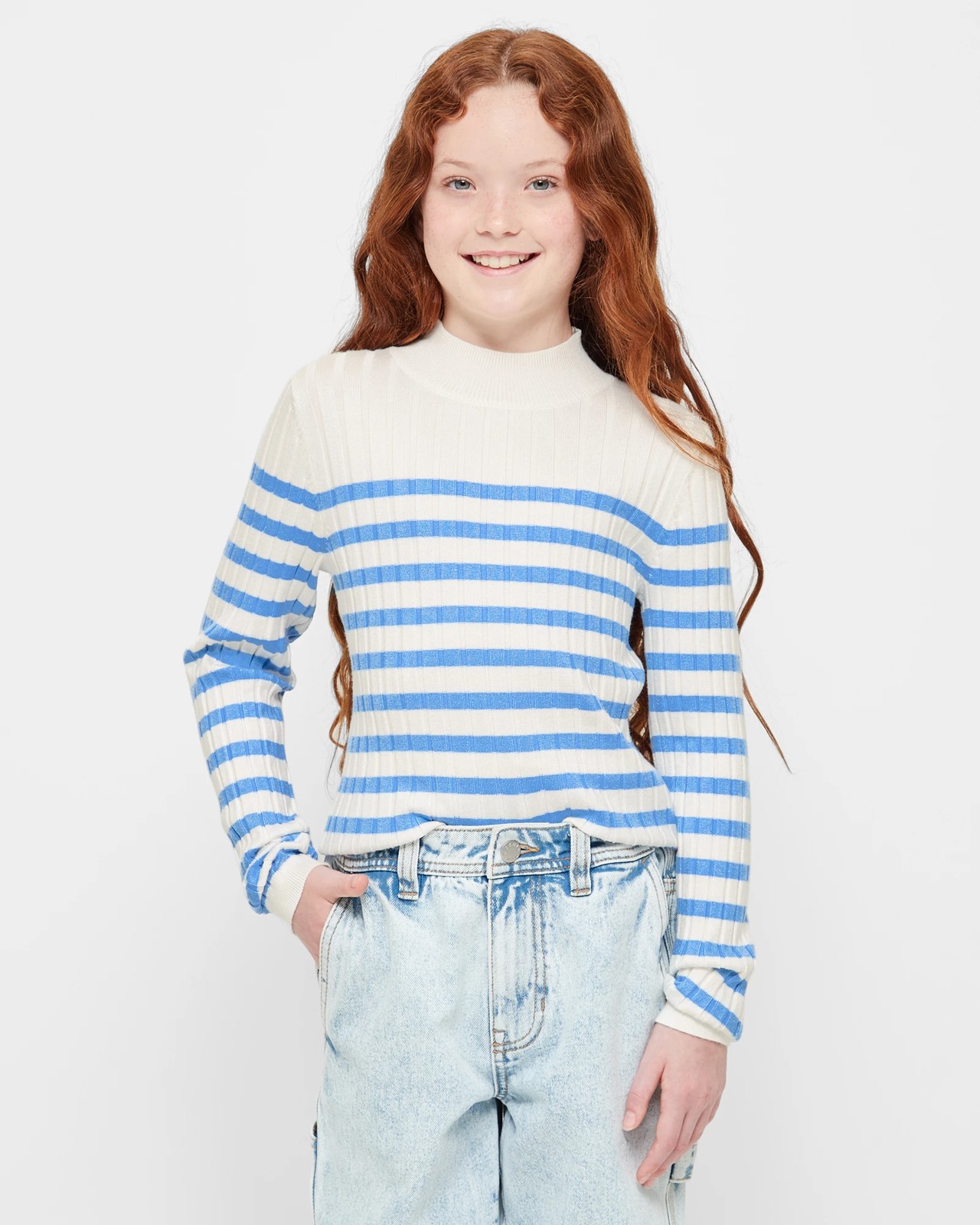 STRIPED WASHABLE MOCK NECK SWEATER