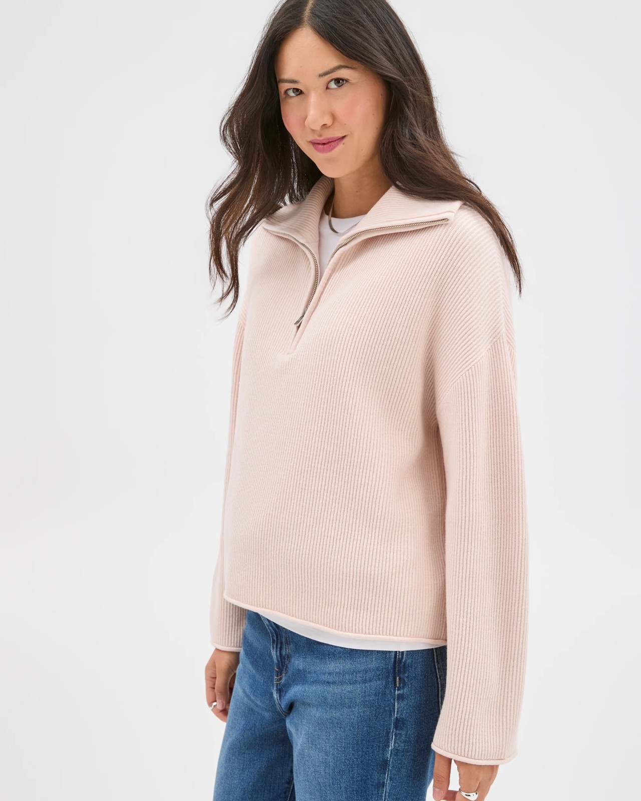 Australian Cotton Blend Zip Collar Sweater - Mauve Pink 4 of 5