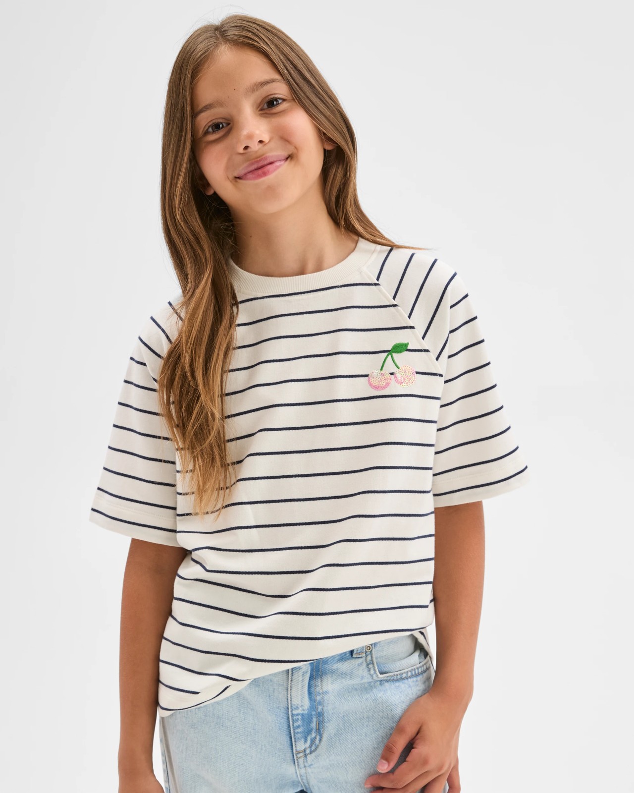 Australian Cotton French Terry T-Shirt - Stripe Cream 2 of 6