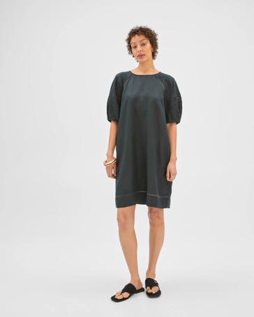European Linen Trim Detail Mini Dress
