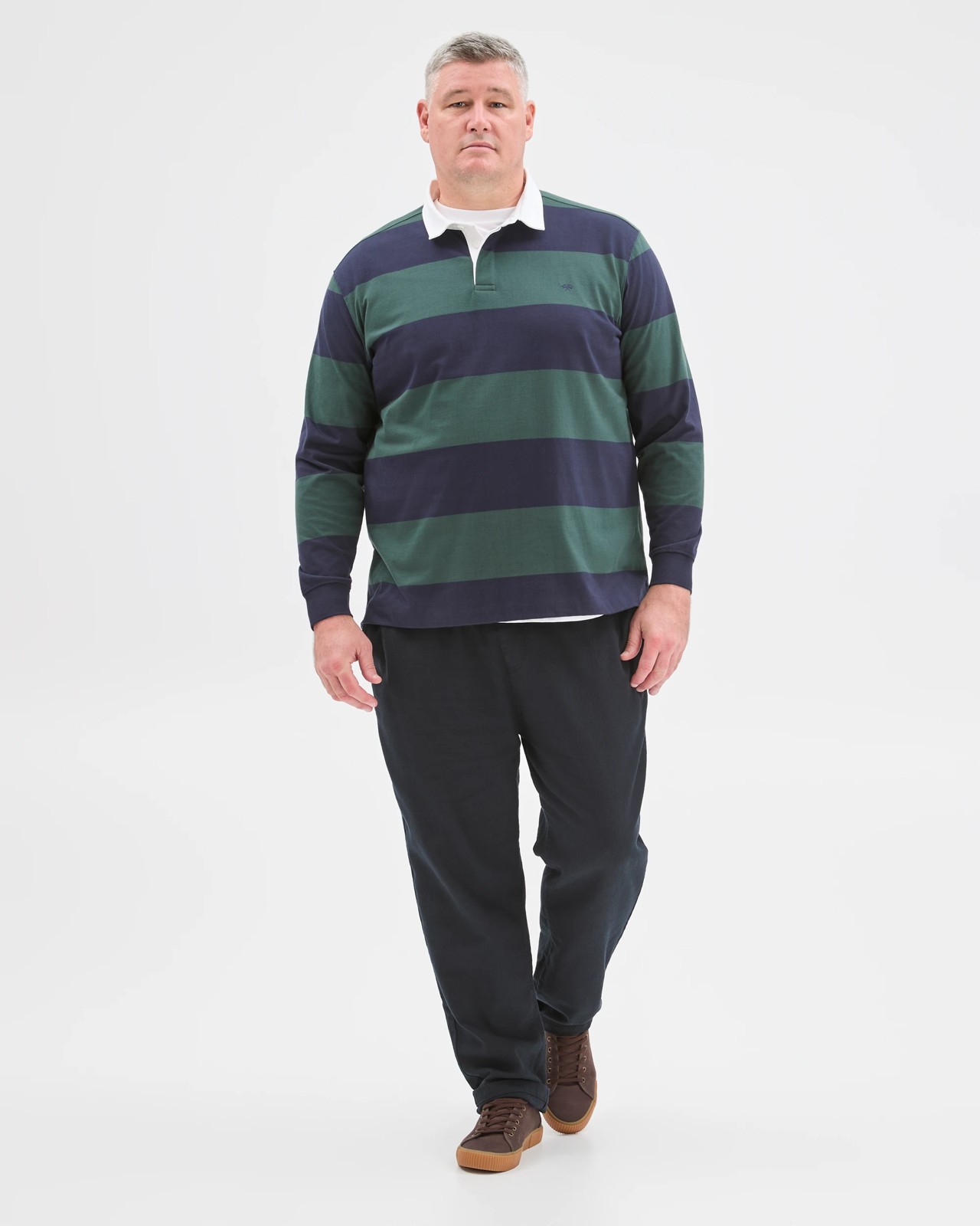 Plus Size Australian Cotton Long Sleeve Rugby Polo Top - Navy / Green 3 of 6