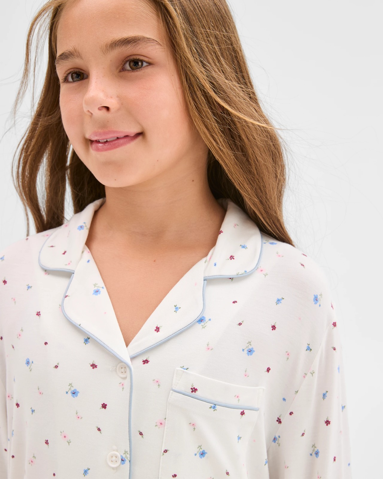Bamboo Older Girls Button Through Pyjama Set - White Floral 6 of 6