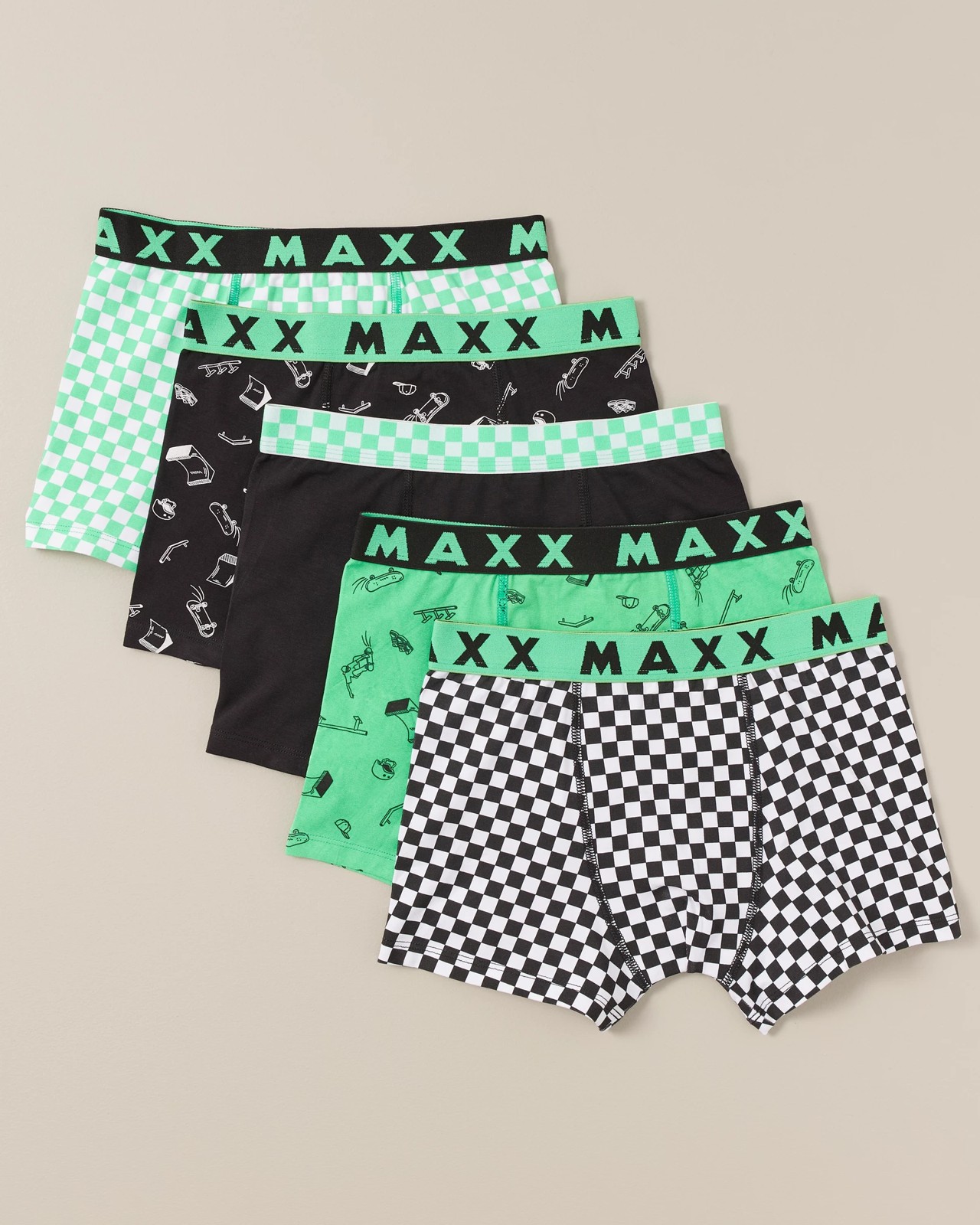 Boys Trunks 5 Pack- Maxx - Neon Green Skate