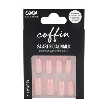 24 Pack Artificial Nails with Adhesive, Coffin Shape, Pink Shimmer - OXX Cosmetics