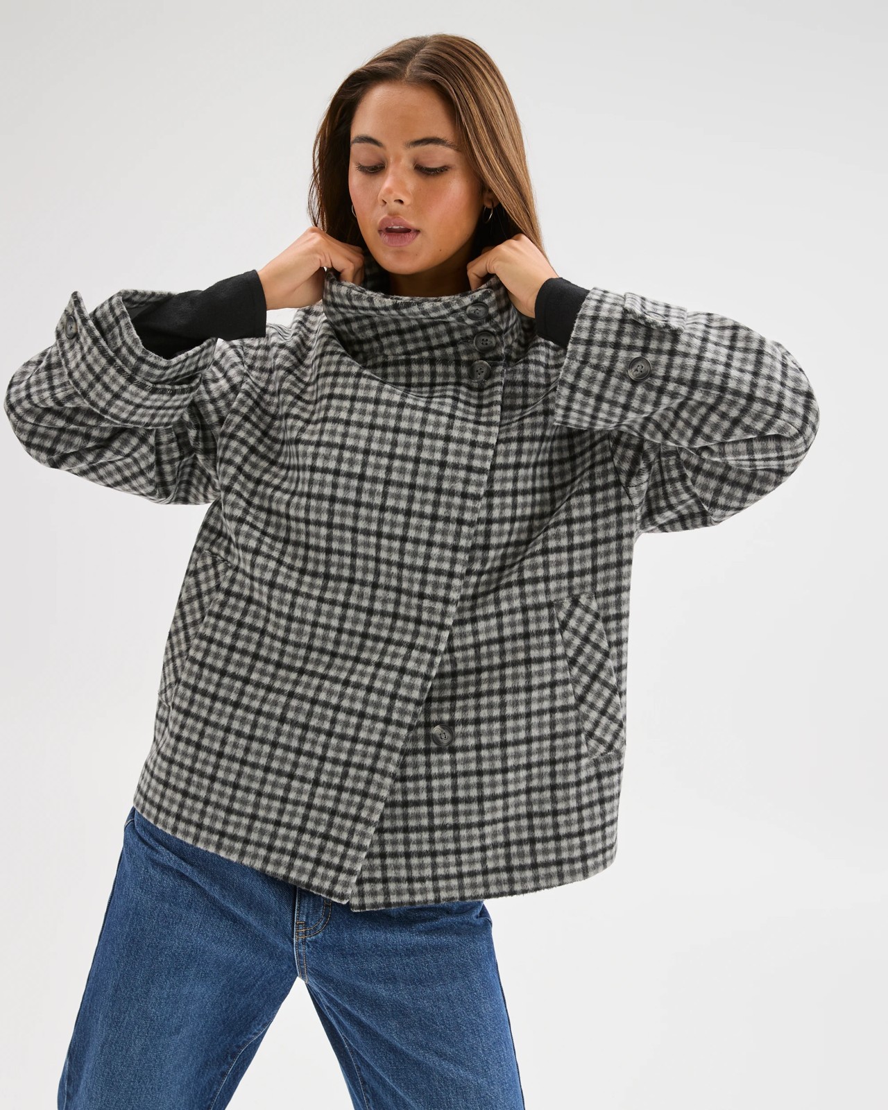 Lily Loves Funnel Neck Short Coat - Check 4 of 6