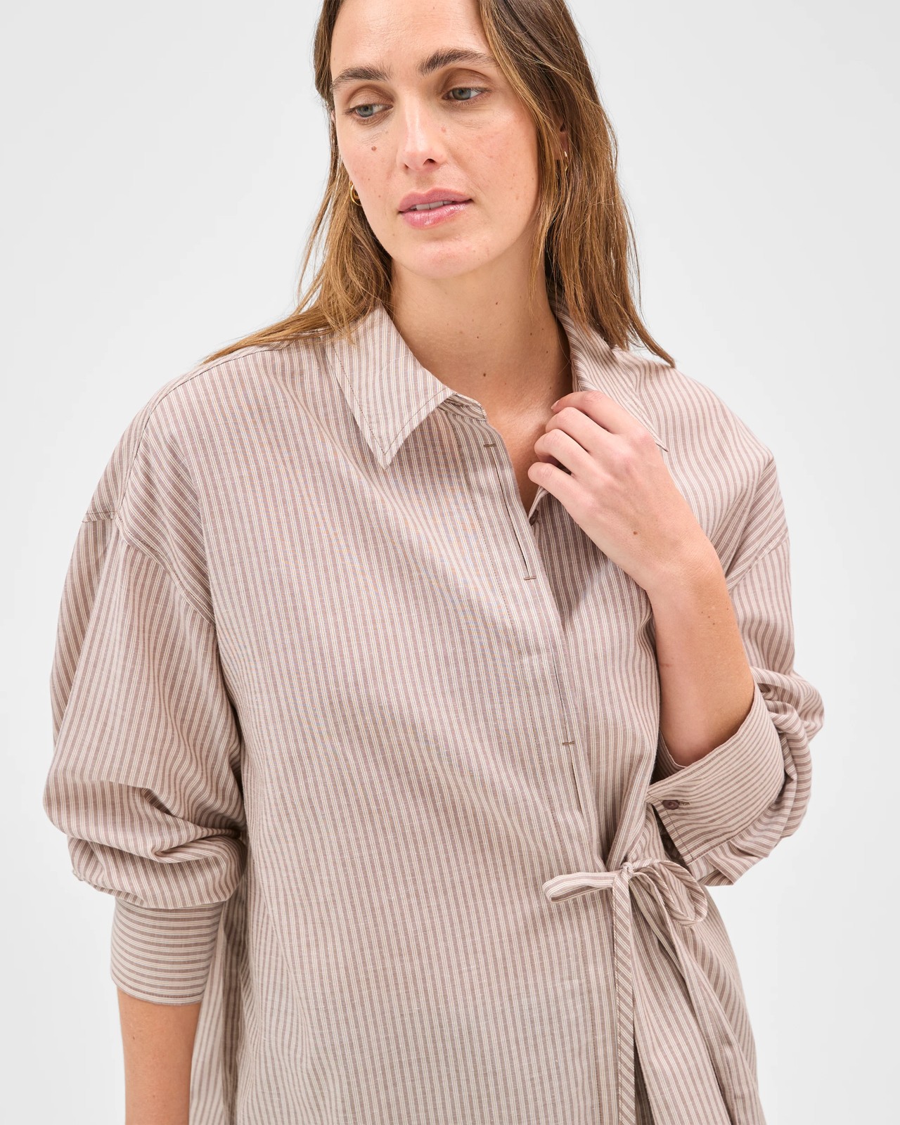 Long Sleeve Tie Voile Shirt - Brunette Stripe 3 of 6