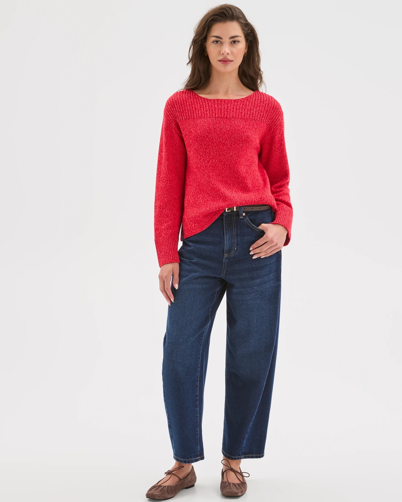 Petites Australian Cotton Blend Rib Trim Ottoman Boat Neck Jumper - True Red Twist 3 of 5
