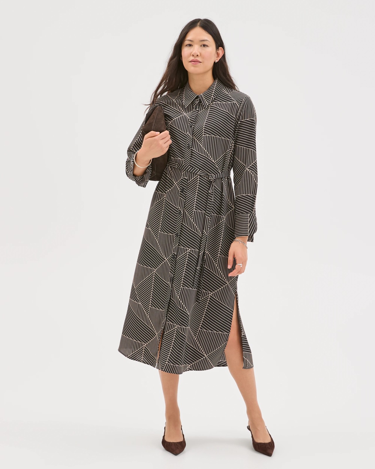 Preview Long Sleeve Crossover Midi Shirt Dress 3 of 5