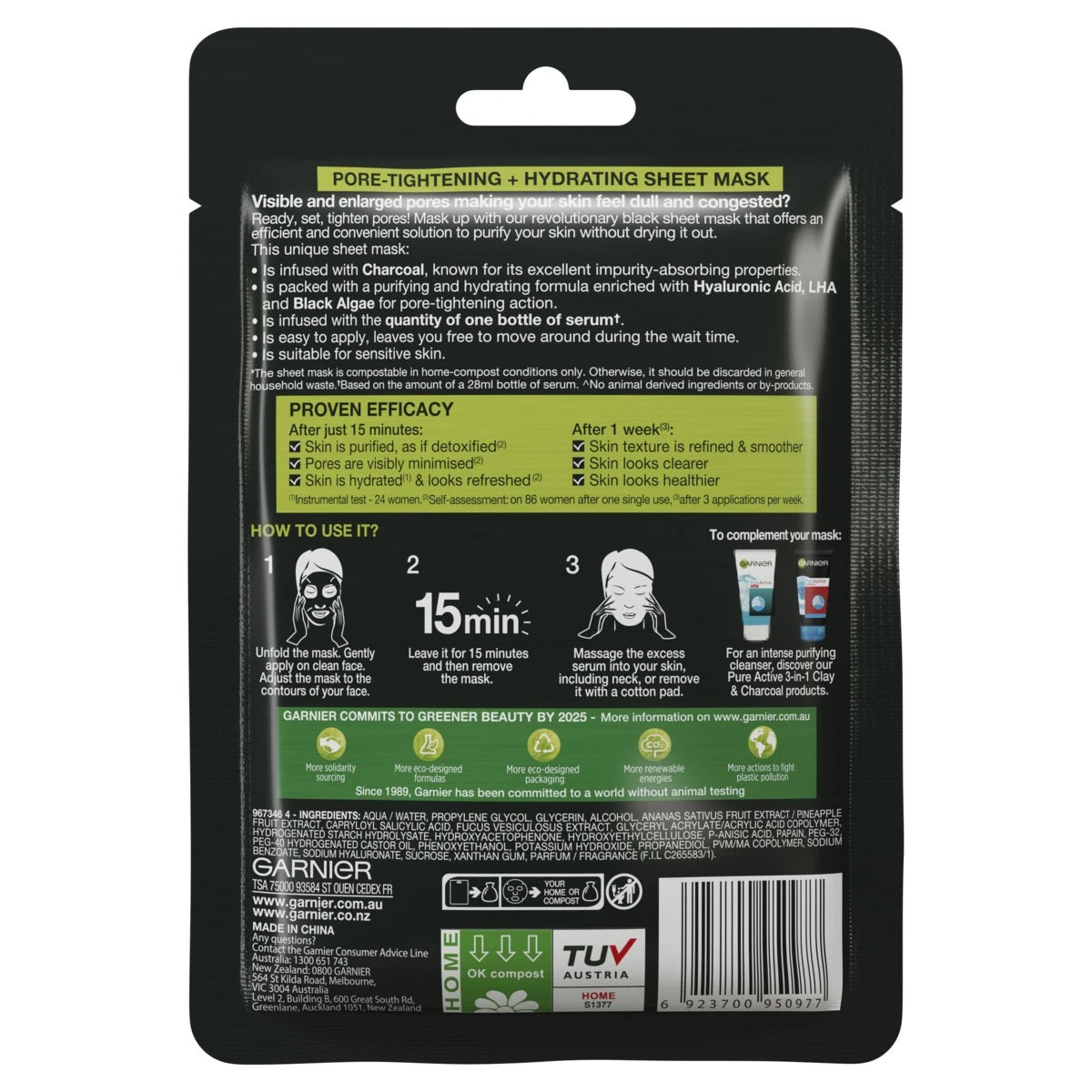 Garnier SkinActive Pure Charcoal Black Sheet Mask 28g - Black Algae, LHA & Hyaluronic Acid 2 of 5