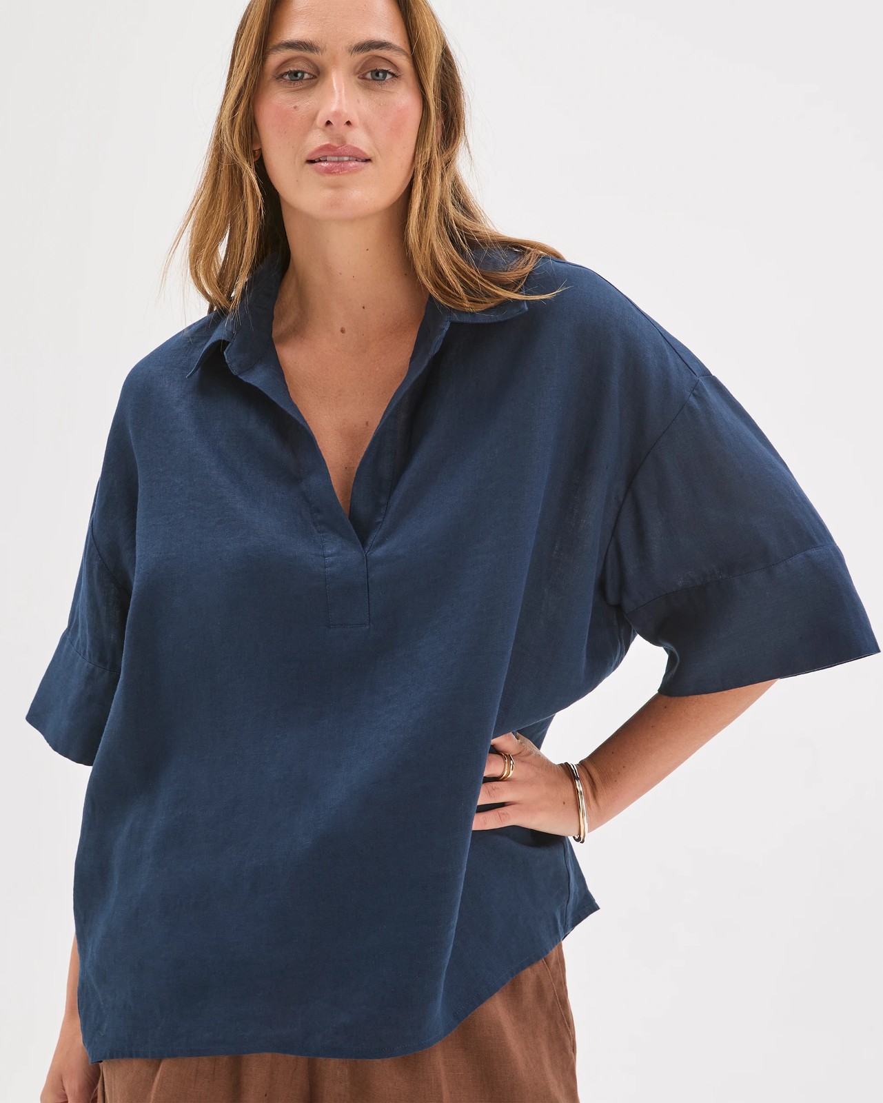 European Linen Elbow Sleeve Cocoon Popover Shirt - Navy 5 of 6