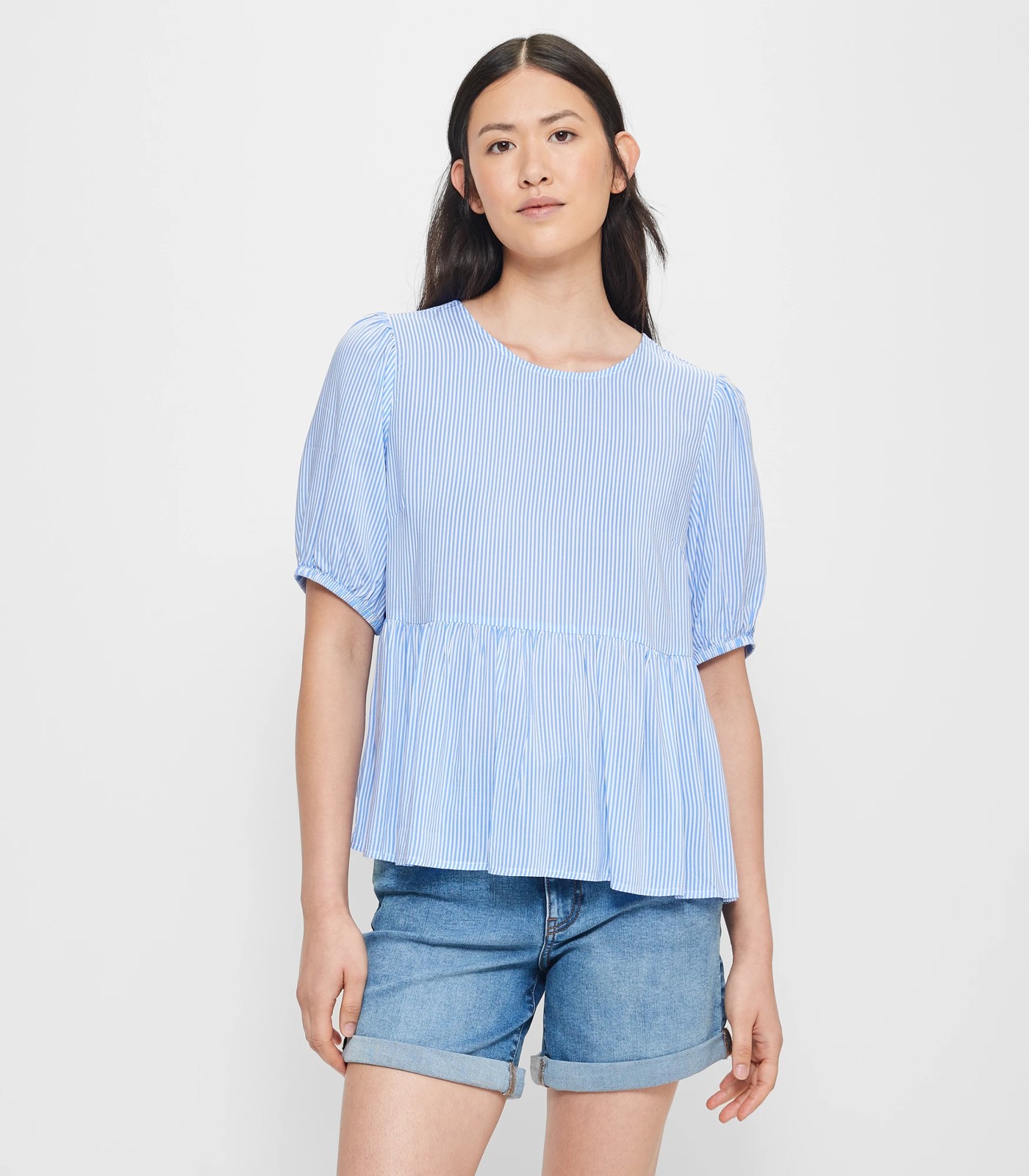 Puff Sleeve Peplum Tiered Blouse - Blue / White Stripe