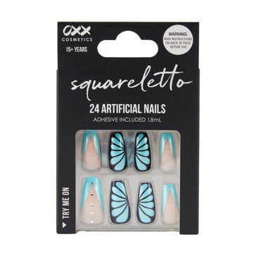 24 Pack Artificial Nails with Adhesive, Squareletto Shape, Butterfly - OXX Cosmetics