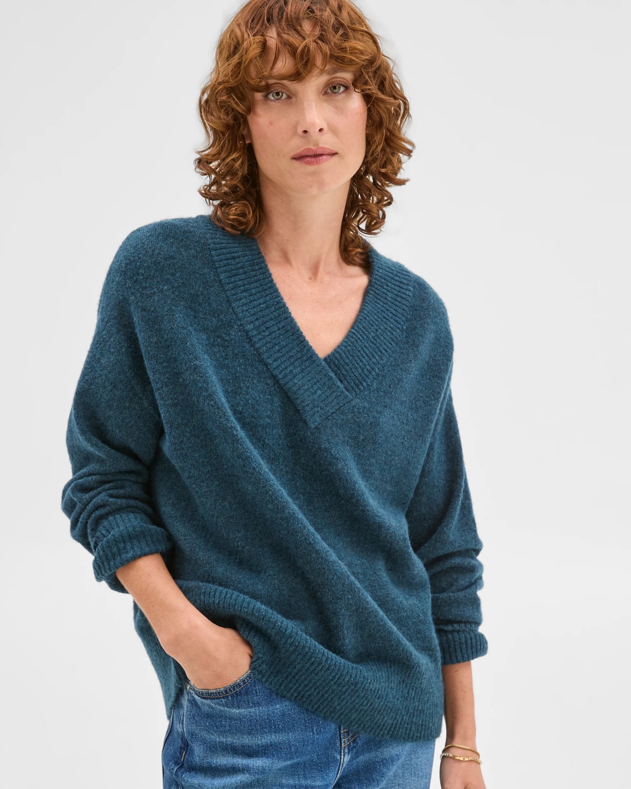 Lightweight Lofty V-Neck Sweater - Dark Teal Marle 2 of 5