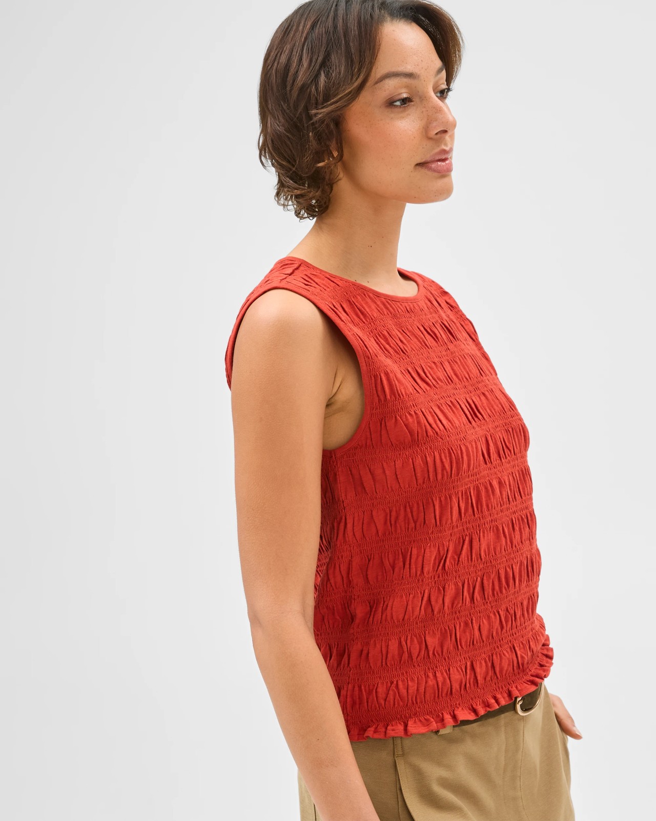 Australian Cotton Sleeveless Shirred Tank Top - Warm Terracotta 3 of 6