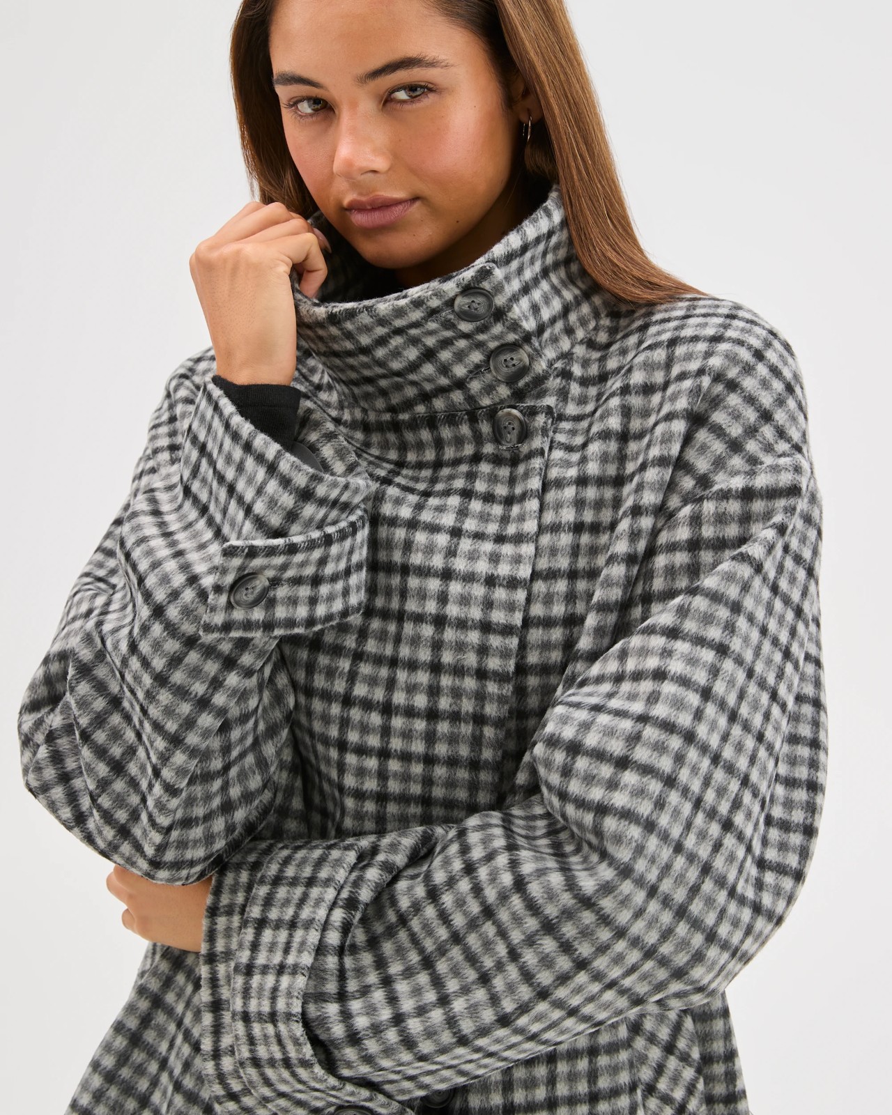 Lily Loves Funnel Neck Short Coat - Check 6 of 6