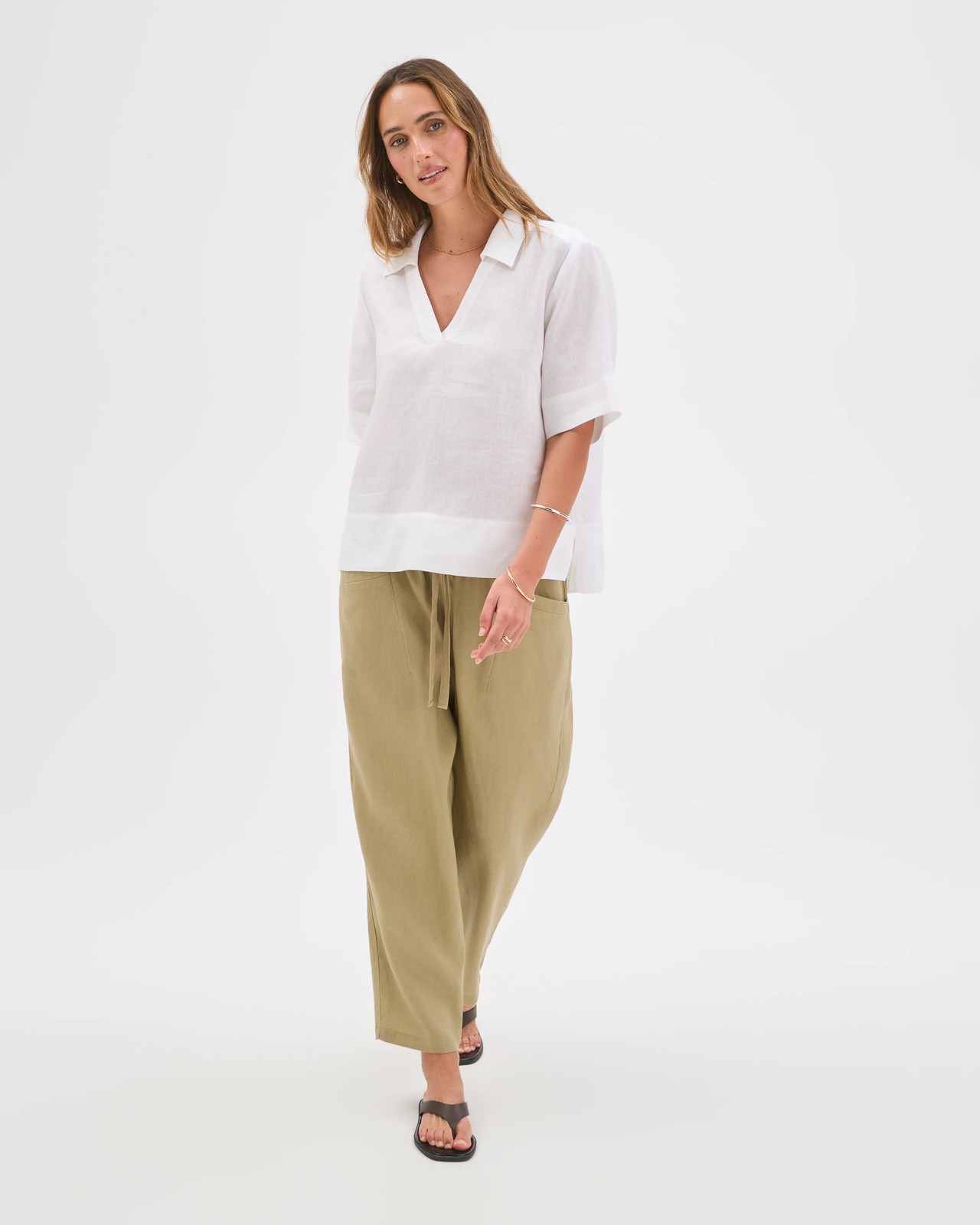 European Linen Short Sleeve A-Line Popover Shirt - White 4 of 6