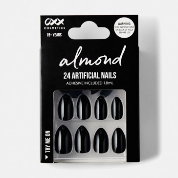 24 Pack Artificial Nails with Adhesive, Almond Shape, Black - OXX Cosmetics