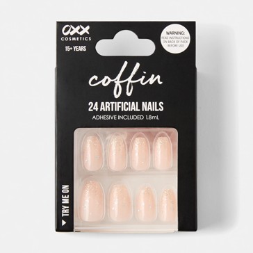 24 Pack Artificial Nails with Adhesive, Coffin Shape, Nude Gold Tone - OXX Cosmetics