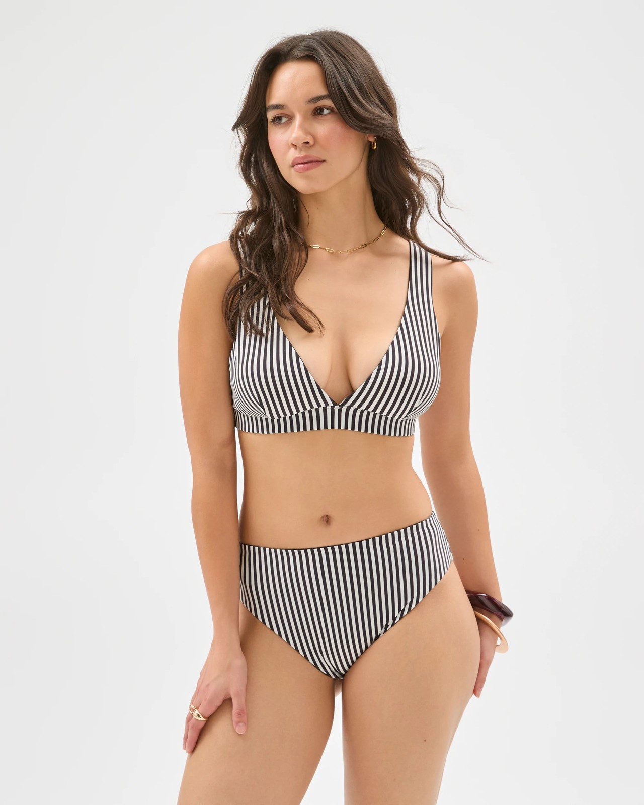 Resort Reversible V-Neck Matte Micro Swim Bikini Top - Cocoa/Cocoa Stripe 2 of 5