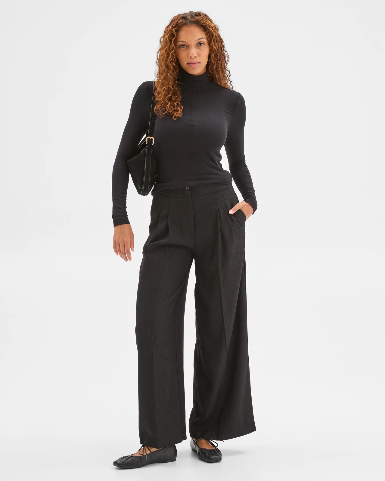 Preview Herringbone Wide Leg Pants - Black 2 of 6