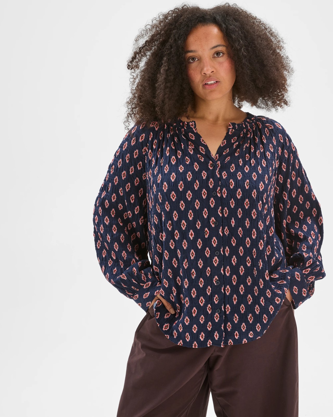 Plus Size Long Sleeve Romantic Blouse - Petrol Print 2 of 5