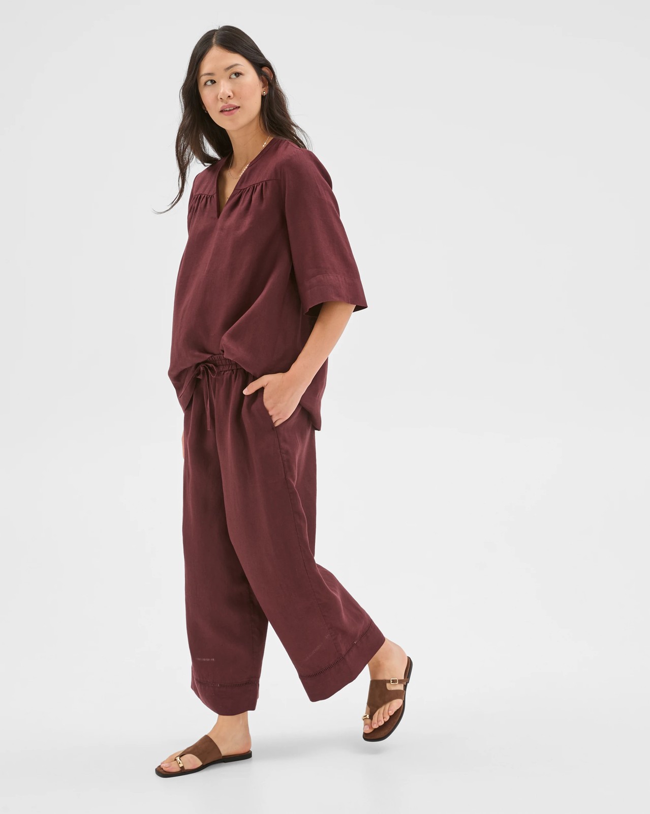 Resort European Linen Trim Crop Pants - Chocolate Plum 2 of 6